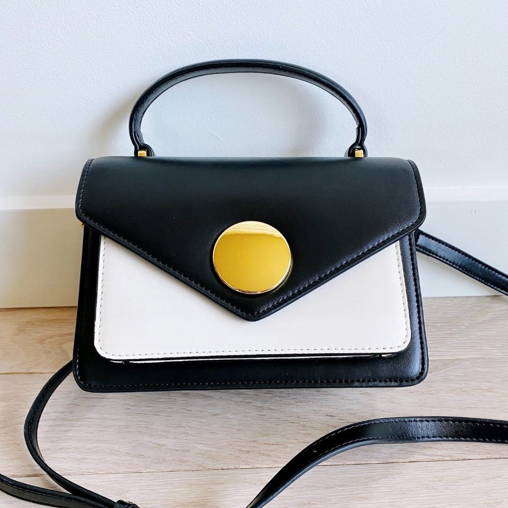 The June Genuine Leather Satchel - Black/White - Picture 2 of 13